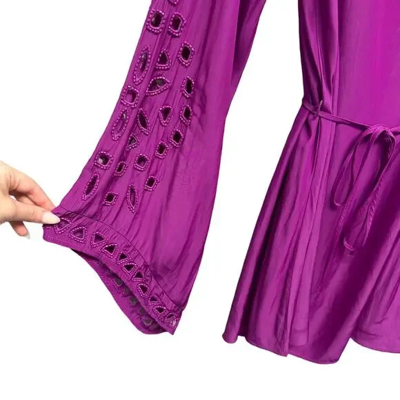 Ramy Brook Eyelet Molly Purple Flare-Sleeve Dress XXS - Picture 3 of 6